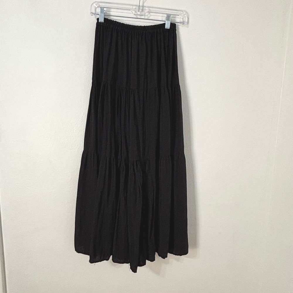 Cactus Flower Maxi Broom Skirt Boho Tiered Pull-on Cottage Black VTG Women S/M
